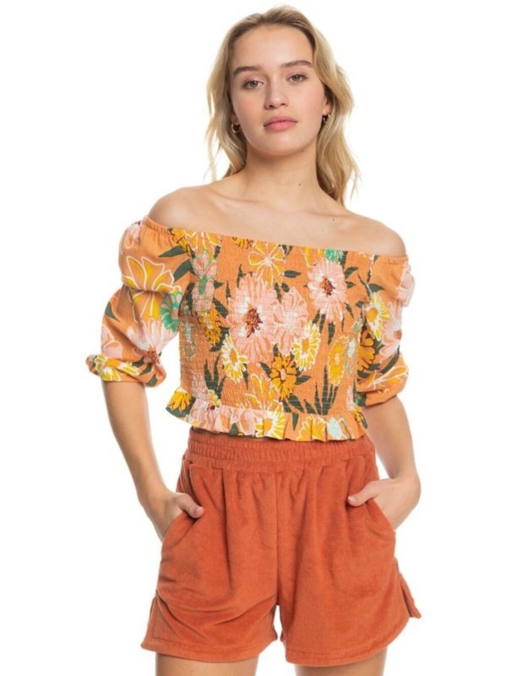 NEW Roxy Shirred Crop Top Blouse M Printed Floral Ochre Multi Ruffle Boho NWT